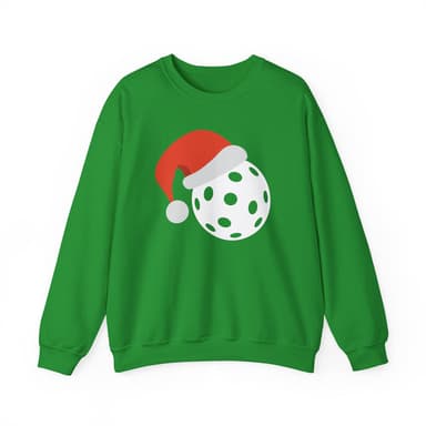Christmas Pickleball Crewneck Sweatshirt - White Pickleball Wearing a Santa Hat - Pickleball Sweatshirt for Women & Men