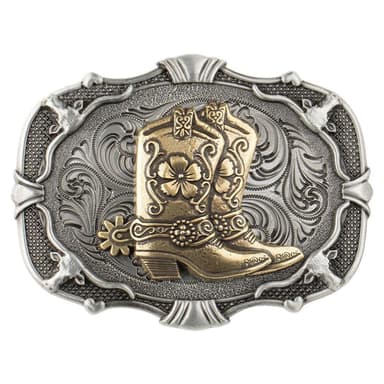 Western Belt Buckle Antique Silver Cowboy Boot Longhorn Floral Scroll