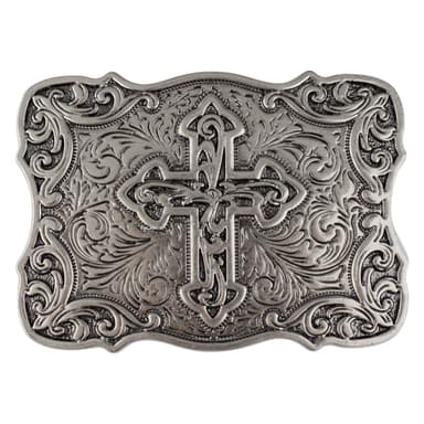 Western Cross Belt Buckle Antique Silver Floral Scroll Christian
