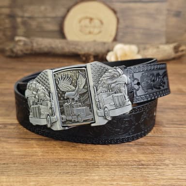 Mens Black Leather Belt Trucker Eagle American Flag Hidden Lighter Buckle
