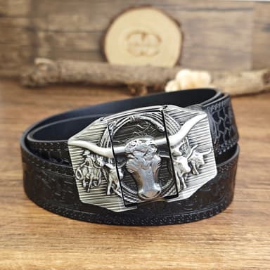 Mens Black Embossed Leather Belt Longhorn Bull Hidden Lighter Square Buckle