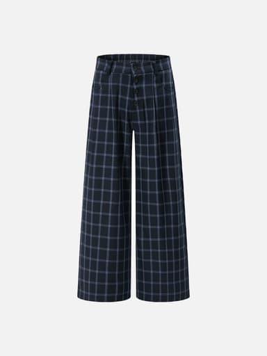 Dark Blue Plaid Wide-Leg Pants with Button Fly