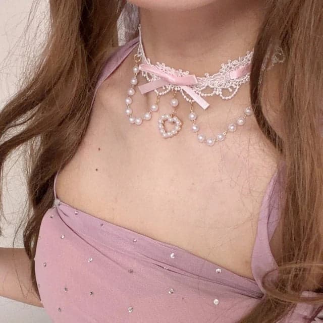 Pink Lace Pearl Heart Choker Necklace