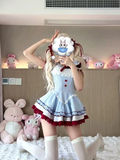 Blue Gingham Burgundy Bow Ruffle Dress