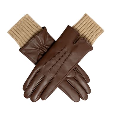 Women’s Three-Point Wool Blend-Lined Leather Gloves with Knitted Cuffs