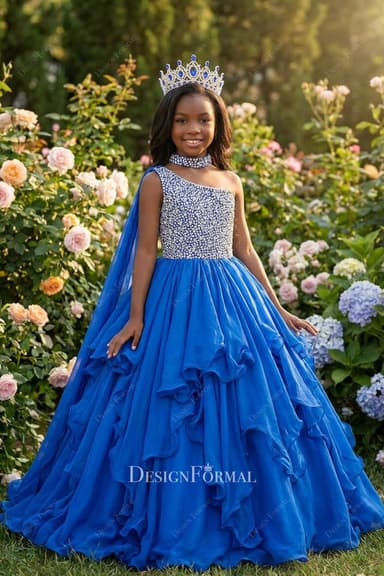 Royal Blue Chiffon Shoulder Veil Ruffles Kids Pageant Gown
