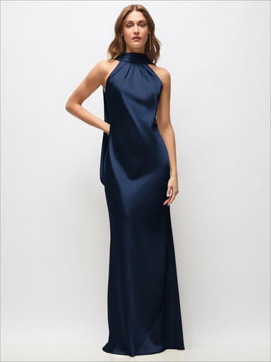 Draped Scarf Halter Open-Back Stretch Satin Bias Maxi Dress with Adjustable Straps