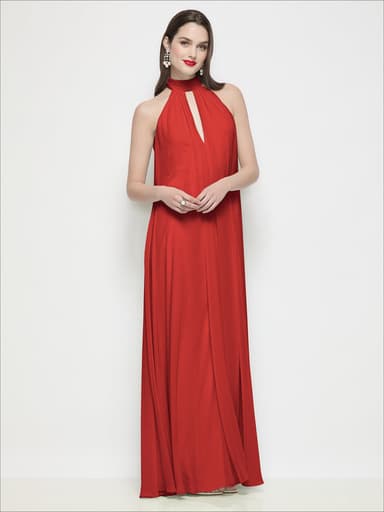 Slip-On Shirred Chiffon Trapeze Halter Dress