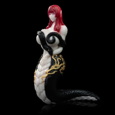 Snake Queen Sex Doll | Fantasy Serpent Goddess Stroker — Red-Haired Pointed-Ear Figurine, Black Snake-Scale Body, Gold Baroque Relief & Multi-Spiral Vaginal Cha