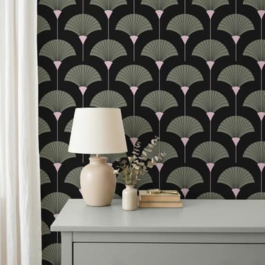 Art Deco Fan Wallpaper - Sage Green & Black