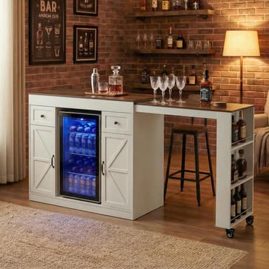 Coffee Bar Cabinet with Fridge Storage Space, Extendable &Black | Large Mini Fridge Cabinet with Pull-out Table, Sideboard Buffet with Drawers, Snack Bar Cabine