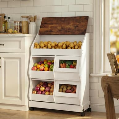 Potato and Onion Storage Bin Large Bread Box on Wheels for Pantry, 3 Tier Bread Container Holder with Lid & Grocery Section, Ventilation Mesh, Vegetable Organiz