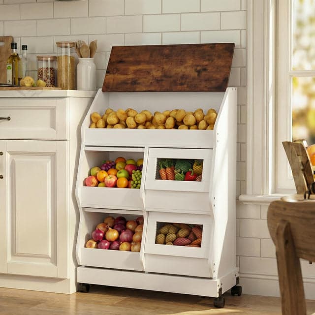 Potato and Onion Storage Bin Large Bread Box on Wheels for Pantry, 3 Tier Bread Container Holder with Lid & Grocery Section, Ventilation Mesh, Vegetable Organiz