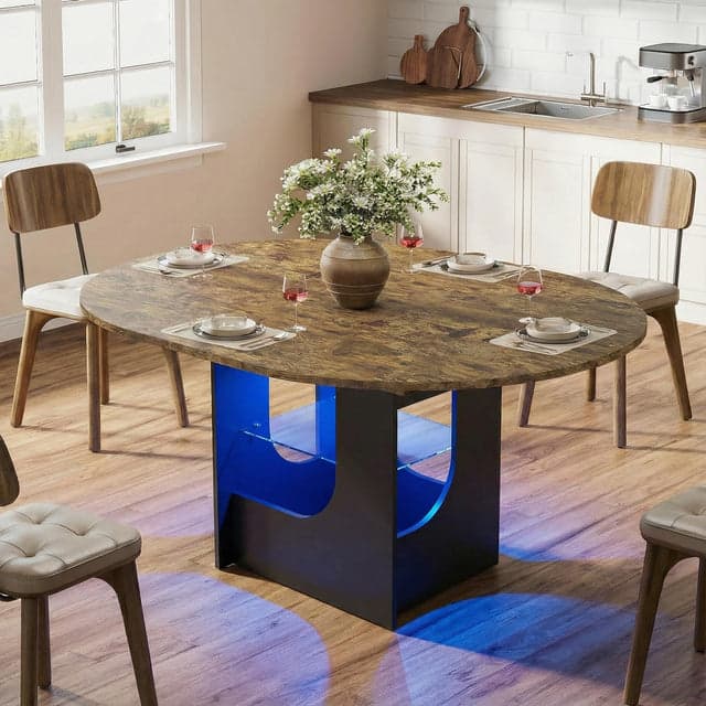 Extendable Dining Room Table for 4-8 with Lights | Oval & Round Variable, Modern Table with Hidden Leaf, Glass Storage Shelf for Kitchen Living Room, Rustic