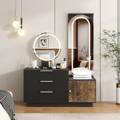 Makeup Vanity Desk with Full Length Mirror, Charging Station & Lights, Makeup Vanity with Glass Top Vanity, 3 Drawers and Storage Cabinet for Bedroom
