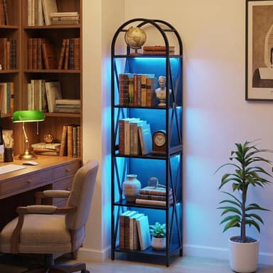5-Tier Narrow Bookshelf with LED Light, 65" Storage Shelf Open Display for Bedroom, Gaming Room