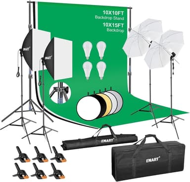 10x10ft Heavy Duty Backdrop Support System, Photography Lighting Kit with 5500K 50W LED, 10x15ft Backdrop *3, Reflector, Umbrellas & softbox Lighting