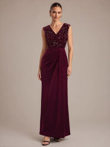 Draped V Neck Velvet Maxi Evening Dress