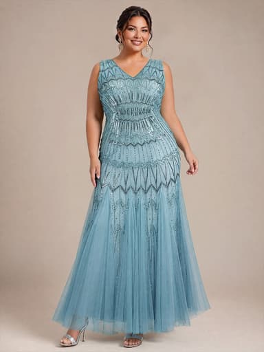 Plus Size Beaded Sequin Sleeveless Maxi Evening Dress