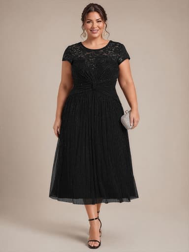 Plus Size Tulle Cap Sleeve Wedding Guest Dress
