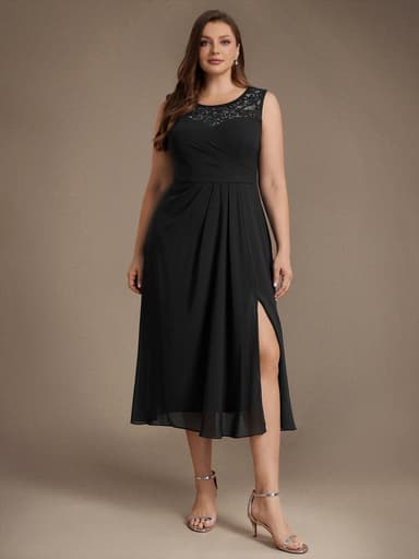 Plus Size See-through Sequin Lace&Chiffon Wedding Guest Dress