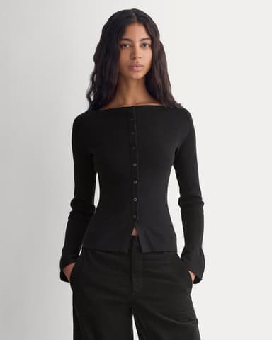 Fine Knit Off-The-Shoulder Cardigan |  Black