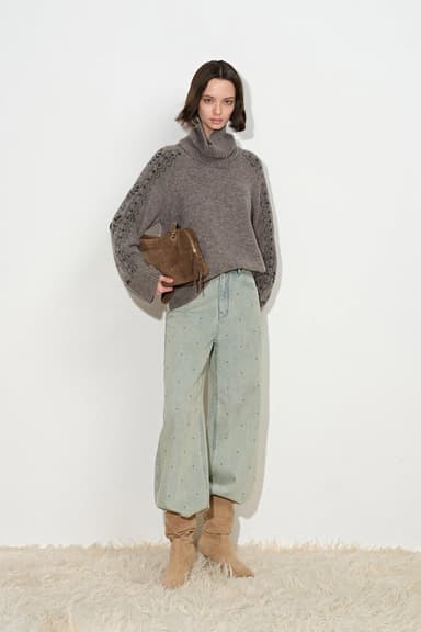 Ember Hand Embroidered Vine Jacquard Sweater with Scarf Collar