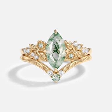 Marquise Cut Moss Agate Flower Vintage Engagement Ring Set 2pcs - Kaelen