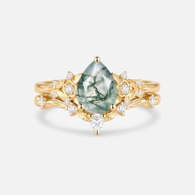 Pear Cut Moss Agate Flower Unique Engagement Ring Set 2pcs - Floralis