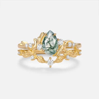 Pear Cut Moss Agate Leafy Dainty Engagement Ring Set 2pcs - Arden