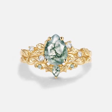 Pear Cut Moss Agate Leafy Unique Engagement Ring Set 2pcs - Larkspur
