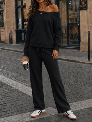 Off-Shoulder Sweaters With Drawstring Pants Set