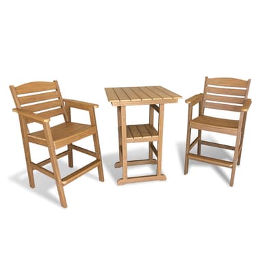 Poly Lumber Patio Bar Set, HIPS Outdoor Bar Stools with Table, Weather Resistant, for Poolside, Garden, Yard, Balcony (Teak Tone, 3 Piece)