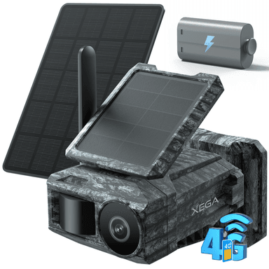 Xega 4G Caméra Solaire avec Carte SIM & 2 Panneaux, Extérieure Camera Chasse 4G sans Fil, Détection de Mouvement, Vision Nocturne sans Lumière
