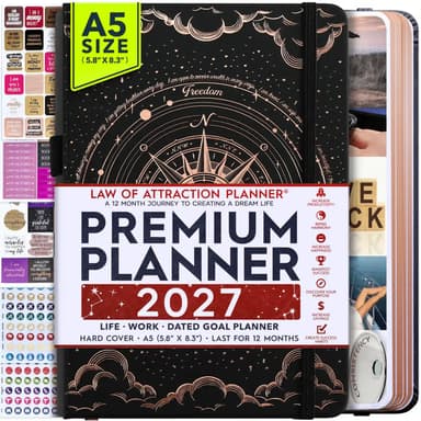 Jan - Dec 2027 Dated Sunday Start Deluxe LOA 12 Month Planner (A5 Size: 6 x 8.5 inches) Black Covers
