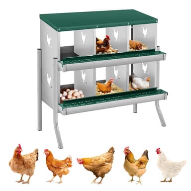 Garvee Chicken Nesting Box with Legs, 6 Room Galvanized Steel Laying Boxes, Metal Nesting Boxes for Hens with 10 Pads & 4 Fake Eggs, Easy Egg Collection, Vented