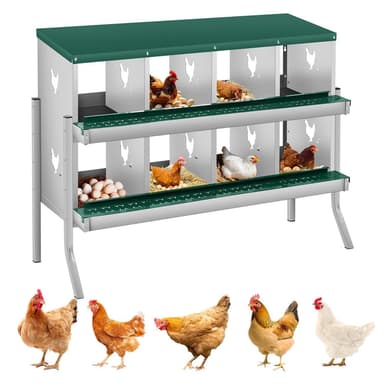 Garvee Chicken Nesting Box with Legs, 8 Room Galvanized Steel Laying Boxes, Metal Nesting Boxes for Hens with 10 Pads & 4 Fake Eggs, Easy Egg Collection, Vented