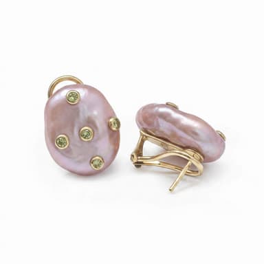 Kirei Sterling Silver Earrings with Peridot-Encrusted Pink Baroque Pearl