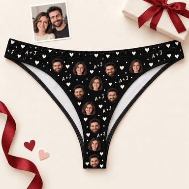 Custom Women's Thong Panties with Couple Photos, Hearts & Initials