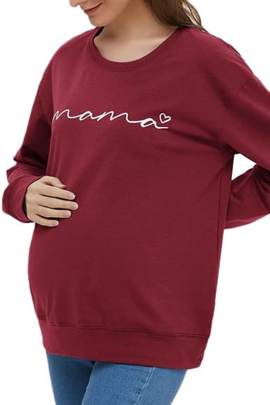 Comfortable Burgundy Warm Letter-print Maternity Sweatshirt Top