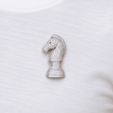 Iced Chess Knight Brooch in White Gold