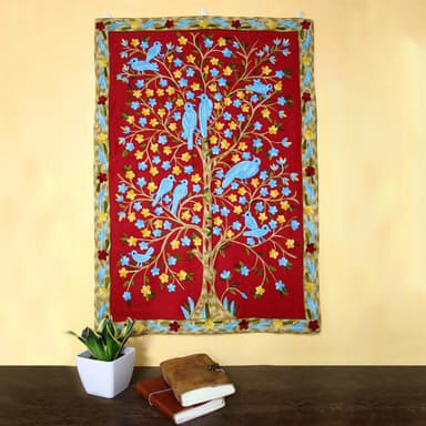 Nature-Themed 100% Wool Chain-Stitch Bird & Tree Tapestry - Abode of Birds