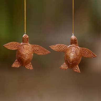 2 Turtle Wood Ornaments Artisan Crafted in Indonesia - Patient Turtle