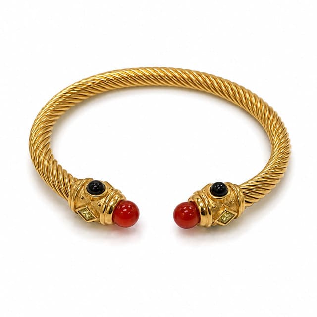 Gold Twisted Carnelian & Obsidian Cable Cuff Bracelet