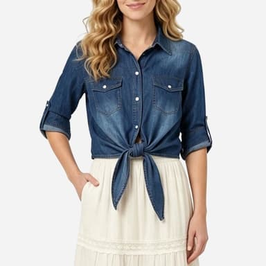 Women's Tie Front Denim Shirt Long Sleeve Roll Tab Jean Top