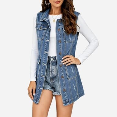 Women's Long Denim Vest Button Up Sleeveless Jean Jacket