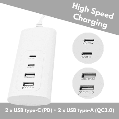 4 port USB power strip - 2 USB-A and 2 USB-C - White