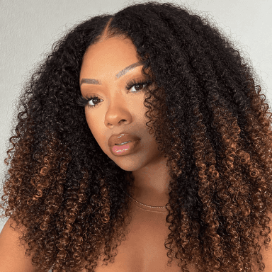 Geeta Hair 4C Kinky Curly Ombre Brown Wig 13×6 Lace Front Drawstring Cap