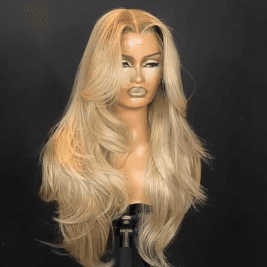 Long Wavy 13x4 Lace Front Golden Blonde Wigs With Bangs Natural Wavy Glueless Wigs Pre Plucked 250% Density