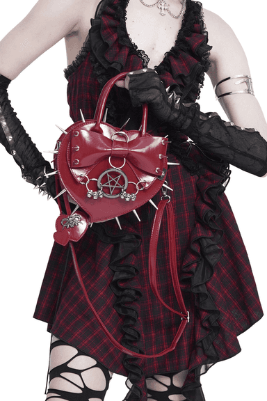 Red Gothic Heart Handbag with Spikes and Pentagram